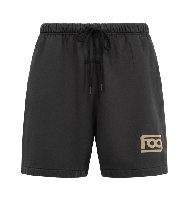 Image 1 of 3 - BLACK - Fear of God ESSENTIALS Men's Classic Sweatshort is crafted from pigment-dyed heavyweight 480 GSM cotton-blend fleece and features a relaxed, slouchy silhouette inspired by vintage athletic wear. Designed with a FOG puff-print graphic at the leg, this elevated everyday short is finished with an encased elastic waistband, heavyweight drawstring, side-seam pockets, and a signature Essentials label at the center front. Main Material: 80% Cotton, 20% Polyester Fleece, 480 GSM.  