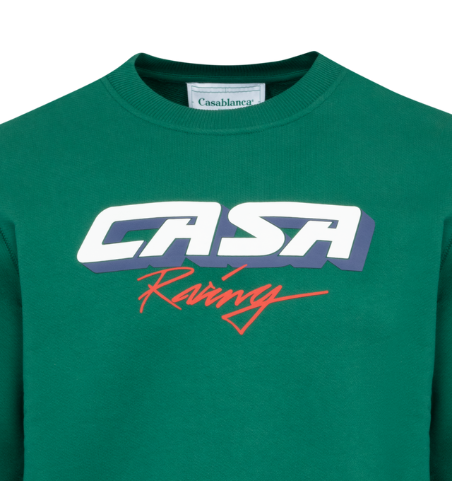Image 2 of 2 - GREEN - CASABLANCA Casa Racing 3D Sweatshirt featuring french terry, rib knit crewneck, hem, and cuffs and logo graphic printed at chest. 100% organic cotton. Made in Portugal. 