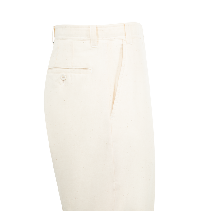 Image 3 of 3 - WHITE - THOM BROWNE Unconstructed Trouser featuring straight leg, concealed front button and zip closure, two side pocket, two back welt pockets, straight side seam in rwb and cuffed hem. Cotton.  