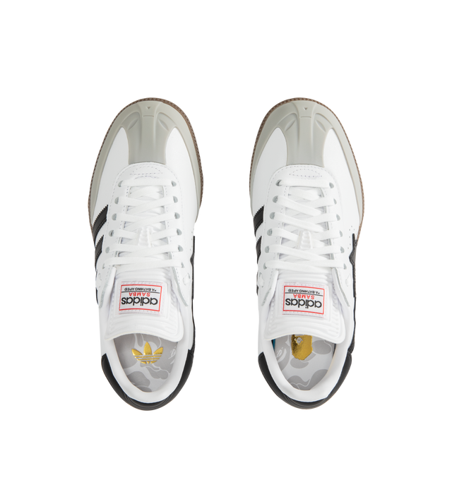 Image 5 of 5 - WHITE - ADIDAS Samba Bape Sneaker featuring leather uppers, gum rubber soles, 3-stripe detail, gold foil lettering, lace up closure and STA logo on lateral. 