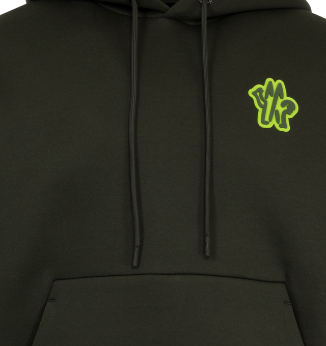 Image 3 of 3 - GREEN - Moncler Logo Patch Neoprene Hoodie has an attached drawstring hood, a signature logo patch, a kangaroo pocket, and ribbed trims. 55% cotton, 45% polyester. Made in Turkey.  