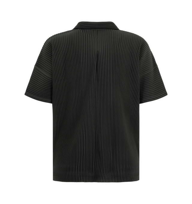 Image 2 of 2 - GREY - Issey Miyake Men's August Pleated Shirt is crafted from lightweight polyester and features the house's signature pleated construction throughout. Designed with a classic polo collar, short sleeves, and a button-down front, this designer shirt combines a refined polo-inspired silhouette with Issey Miyake's innovative approach to texture and textile design. Main Material: 100% Polyester. 