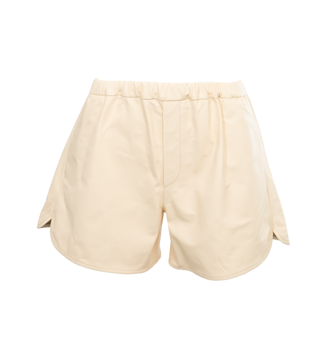 WHITE - ARMARIUM Theo Nappa Leather Boxer Shorts featuring high rise, elastic waist, faux zipper fly, side slip pockets, relaxed legs and pull-on style. 100% calf leather. Made in Italy.
