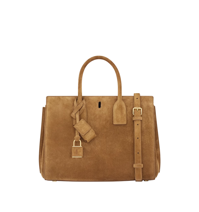 Image 2 of 6 - BROWN - SAINT LAURENT Sac De Jour Suede Bag featuring signature padlock, an east/west format, structured bag, top handles, interchangeable straps for multiple carry options, viscose and polyester lining, bronze-tone hardware, toggle hook closure, expandable accordion sides, one zip pouch and interchangeable suede strap and canvas strap. 9.8" x 7.5" x 5.9". Calfskin. Made in Italy. 