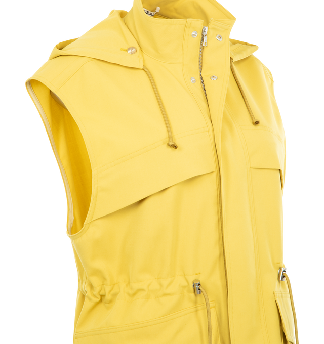Image 4 of 4 - YELLOW - AURALEE Wool Max Canvas Over Vest featuring densley woven ultra-fine Super 120s fibers, oversized fit, hood with drawstring, zip closure, sleeveless, chinched waist drawstring, front flap pockets and unlined. 100% wool. 