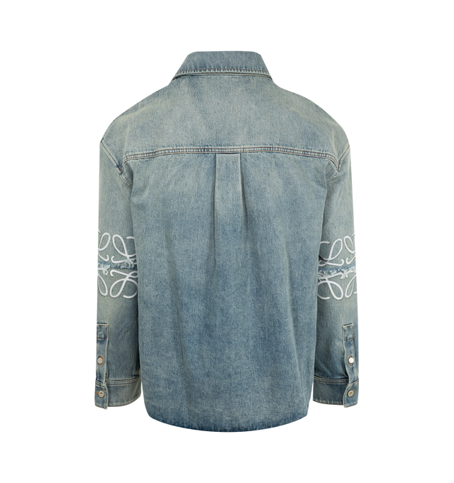 Image 2 of 2 - BLUE - Loewe Men's Anagram overshirt in medium-weight washed cotton denim featuring contrast Anagram cut-outs at the elbows with a slash detail. Regular fit, regular length with classic collar, button front fastening, buttoned cuffs. Cotton. Made in Italy. 