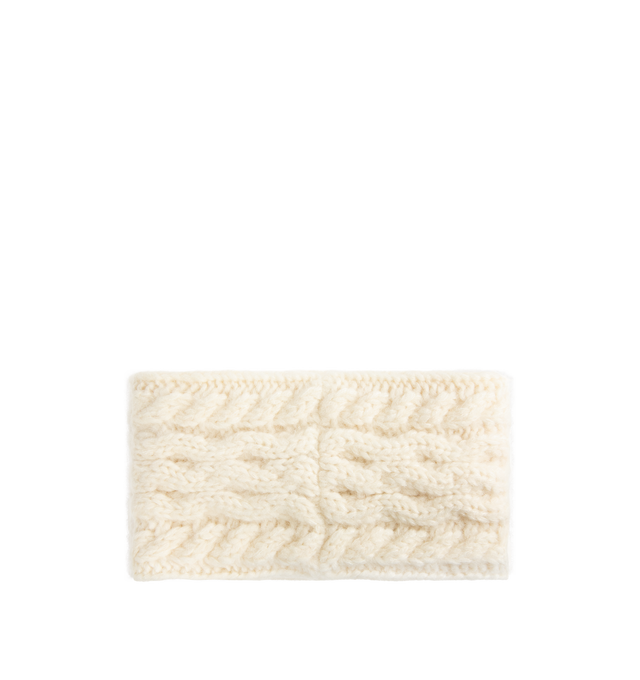 Image 2 of 2 - WHITE - MONCLER Alpaca Blend Headband featuring an alpaca, nylon, wool and mohair blend, cable and aran stitch, gauge 3 and logo patch. 39% alpaca, 25% polyamide/nylon, 22% wool, 14% mohair. Made in Italy. 