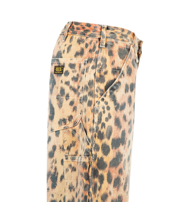 Image 3 of 3 - MULTI - R13 Womens Darcy Flare Carpenter Pants are crafted from cotton denim and a leopard animal print design. Featuring a relaxed wide-leg silhouette with a flared leg and classic five-pocket construction. Main Material: Cotton Denim. 