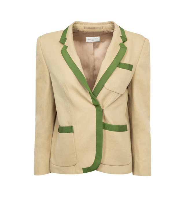 NEUTRAL - Dries Van Noten Long-sleeved blazer with a hip length and relxed fit featuring  tape-style trim, notched collar,  concealed front closure, front patch pockets. Cotton/linen blend with Viscose lining.