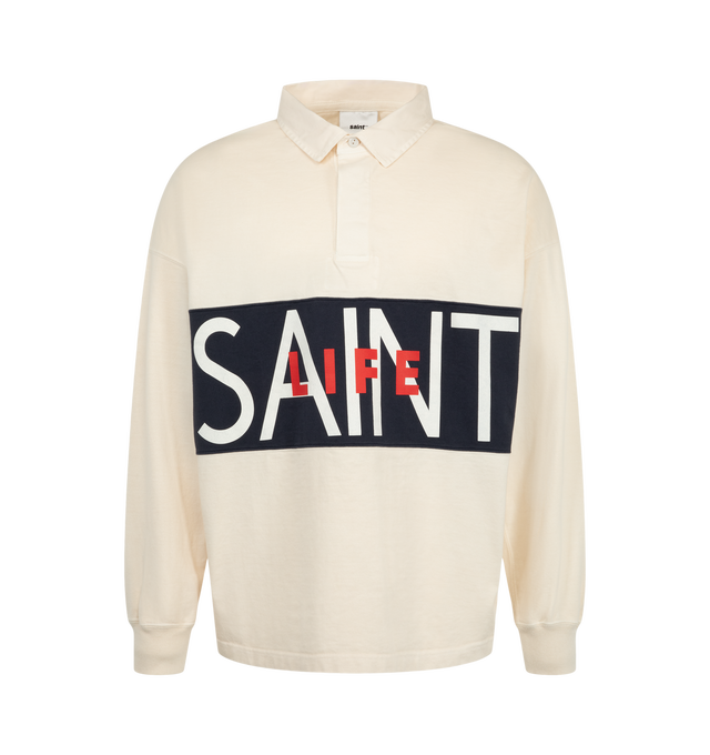 Image 1 of 2 - CREAM - Saint Mxxxxxx's polo shirt is crafted from a cotton-jersey with a relaxed fit, and a contrasting panel across the chest, printed with the brand's 'SAINT LIFE' graphic lettering. Material: 100% cotton. Made in Japan. 