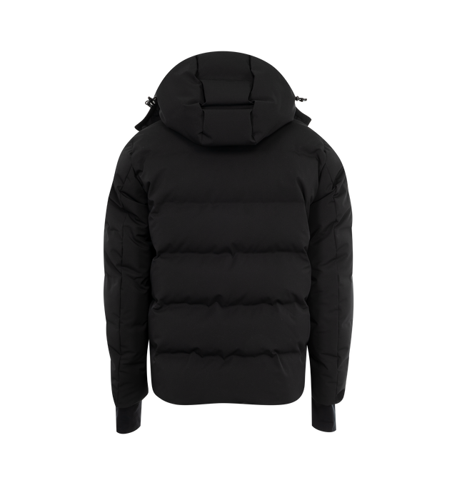 Image 2 of 3 - BLACK - Moncler Montgetech Down Jacket has a 2 way zip front closure, stand collar, removable hood, wrist gaiters, thumbhole cuffs, and an interior powder skirt. Lined with down fill. 49% polyester, 41% polyamide, 10% elastane. Made in Romania.  