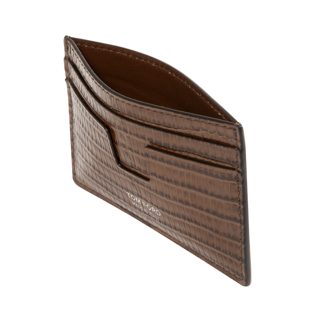 Image 3 of 3 - BROWN - Tom Ford T Line Card Holder is crafted from soft grain calf leather and features the signature elongated T detail. This designer combines refined craftsmanship with elevated functionality for daily use. Main Material: 100% Calf Leather. Lining: 70% Calf Leather, 30% Sheep Leather. Made in Italy. 