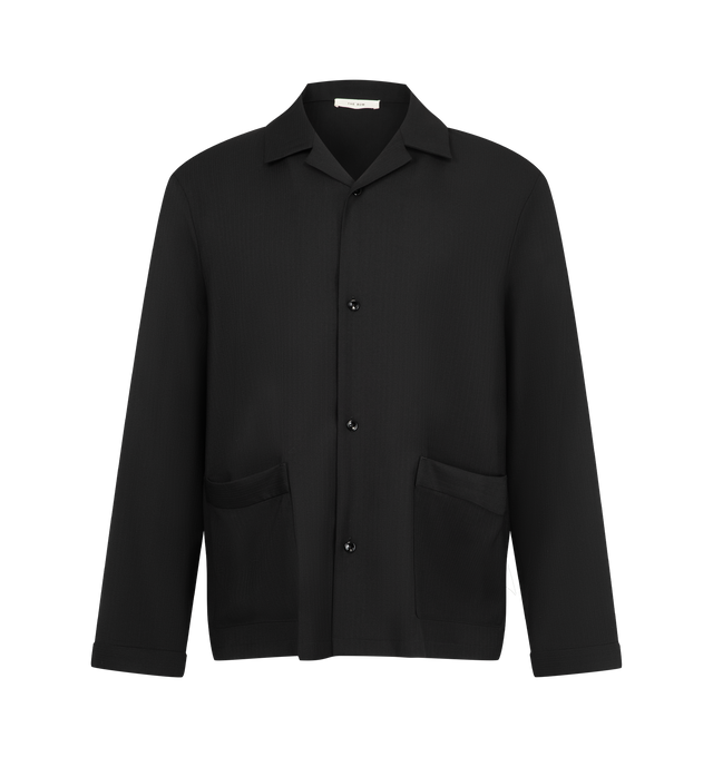 Image 1 of 2 - BLACK - The Row Men's Valli Camp-Collar Shirt is crafted from herringbone wool twill and features a relaxed silhouette with a camp collar, button-front closure, and chest patch pocket. Designed with the refined simplicity synonymous with The Row, this elevated shirt is tailored from pure virgin wool and offers a soft drape with a subtle herringbone texture. Main Material: 100% Virgin Wool. Made in Italy. 
