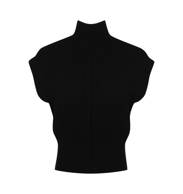 Image 1 of 2 - BLACK - Rick Owens Womens Sleeveless Turtleneck Sweater is crafted from lightweight wool knit. Features an above-hip silhouette, sleeveless design, wide shoulders, ribbed turtleneck, wide ribbed waistband, and the signature center back knit seam. Main Material: 100% Wool. Made in Italy. 