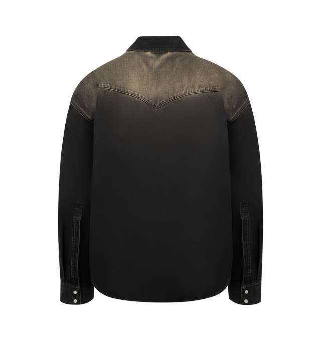 Image 2 of 2 - BLACK - VETEMENTS Cowboy Denim Shirt featuring non-stretch denim shirt, fading throughout, spread collar, press-stud closure, western yoke, flap pockets at chest, shirttail hem and press-stud barrel cuffs. 100% cotton. Made in Italy. 