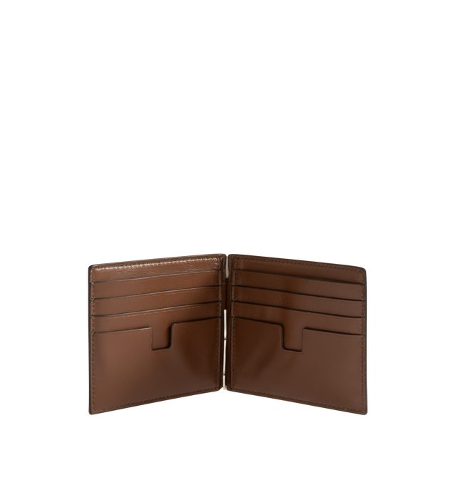 Image 3 of 3 - BROWN - Tom Ford T Line Soft Grain Leather Money Clip Wallet is crafted from soft grain calf leather and features the signature elongated T detail, an integrated money clip, and a compact bi-fold silhouette with multiple card slots for everyday organization. This designer leather money clip wallet combines refined craftsmanship with elevated functionality for daily use. Main Material: 100% Calf Leather. Lining: 70% Calf Leather, 30% Sheep Leather. Dimensions: 10.5 x 9 x 0.8 cm. Made in Italy. 