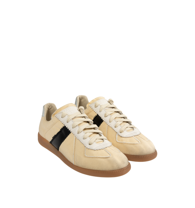 Image 2 of 5 - MULTI - Maison Margiela Replica lace-up sneakers with a distressed textile upper, leather contrast stripe and heel panel, contrasting gum rubber sole. Upper: 54% Polyester, 46% Cotton with 100% calf leather contrast. Sole: 100% rubber. Made in Italy. 