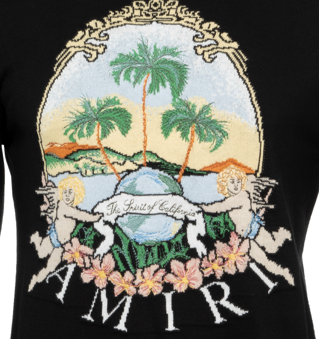 Image 3 of 3 - BLACK - AMIRI Cherub Palm Tree Crew Sweater featuring rib knit crewneck, hem, and cuffs and intarsia logo graphic at front. 96% wool, 4% cotton. Made in Italy. 