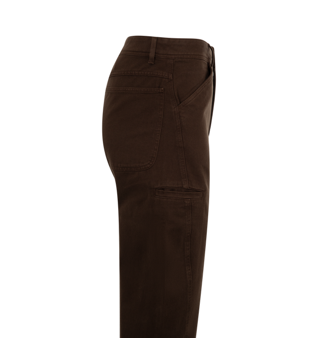 Image 3 of 4 - BROWN - LEMAIRE Twisted Workwear Pants featuring cotton denim, back patch pockets, belt loops, slash pockets, a single welt pocket on right leg, and button and zip-fly closure. 100% cotton. 