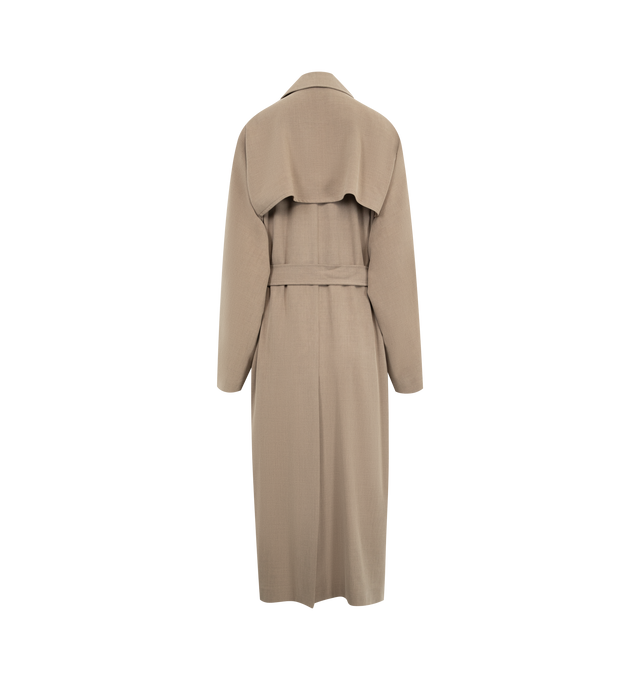Image 2 of 3 - BROWN - THE ROW Rhydian Coat featuring oversized double-breasted trench coat in refined silk and wool suiting with slant welt pockets, horn button closure, removable buckle belt and interior phone compartment. 50% wool, 50% silk. Lined in 55% silk, 45% cashmere. Made in Italy. 