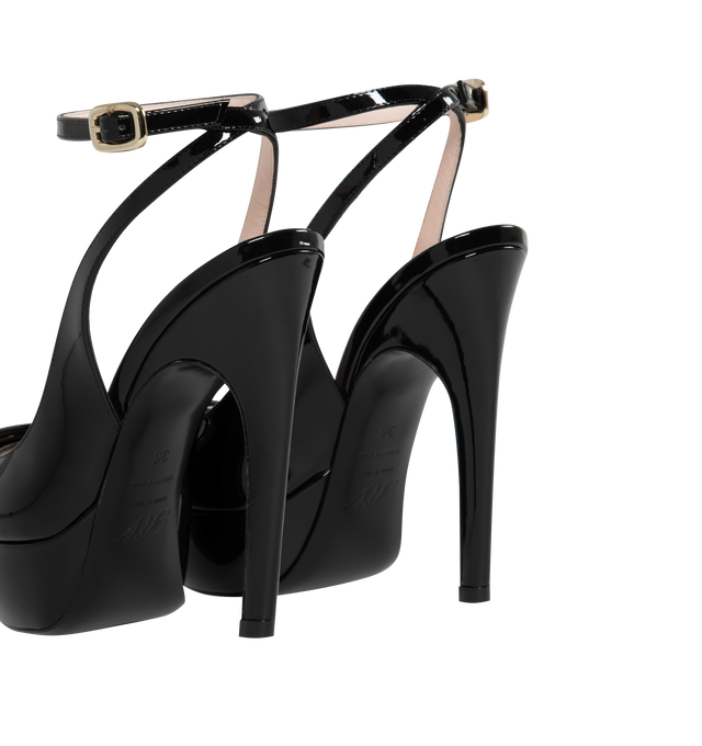 BLACK - ROGER VIVIER Viv' Choc Lacquered Buckle Slingback Pumps in Patent Leather featuring tapered toe, branded lacquered buckle, ankle strap, leather insole and leather outsole with covered platform. Heel 4.9 inches. 