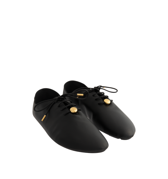 Image 2 of 5 - BLACK - Loewe Womens Nappa Calf Lace-Up Shoes are crafted from nappa calfskin. Features a lace-up closure, extra padding, asymmetric toe shape, tonal laces with metallic tips, metallic Pebble with engraved Anagram detail on the bottom lace, lambskin lining, printed LOEWE insole, and injected rubber outsole with cut-out Anagram signature. Main Material: Nappa Calf. Made in Italy. 