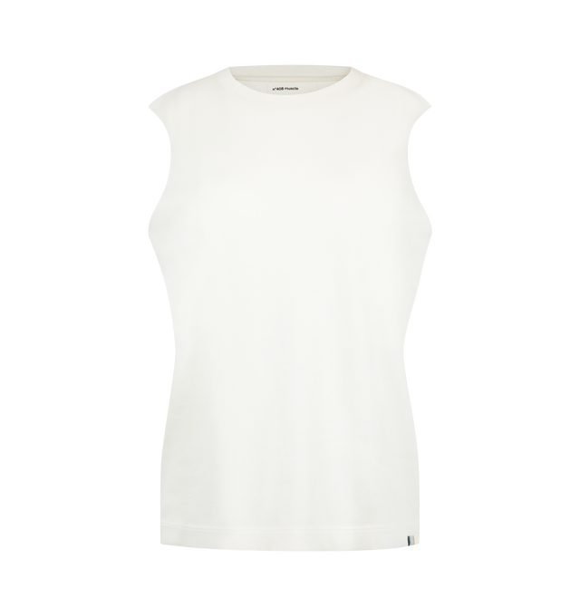 Image 1 of 2 - WHITE - Extreme Cashmere Women's N408 Muscle Tank Top is crafted from a lightweight cotton and cashmere blend and features a classic straight fit, crew neckline, sleeveless silhouette, and unfinished armhole edges for a modern, minimalist look. This designer knit tank top combines the breathable structure of cotton with the luxurious softness of cashmere, making it an effortless wardrobe essential for year-round layering. Main Material: 70% Cotton, 30% Cashmere. 