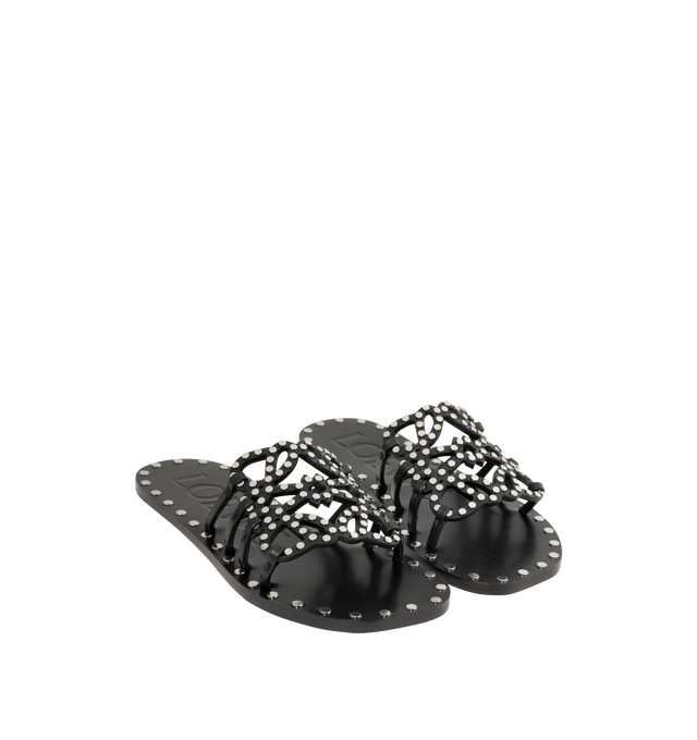Image 2 of 4 - BLACK - LOEWE PAULA'S IBIZA Petal Anagram Slide in vegetable-tanned calfskin and metallic studs featuring a cut-out Anagram upper with hand-stitched seams, a petal toe shape and studs with a silver finish. 5mm heel. Vegetable calfskin. Made in Italy. 