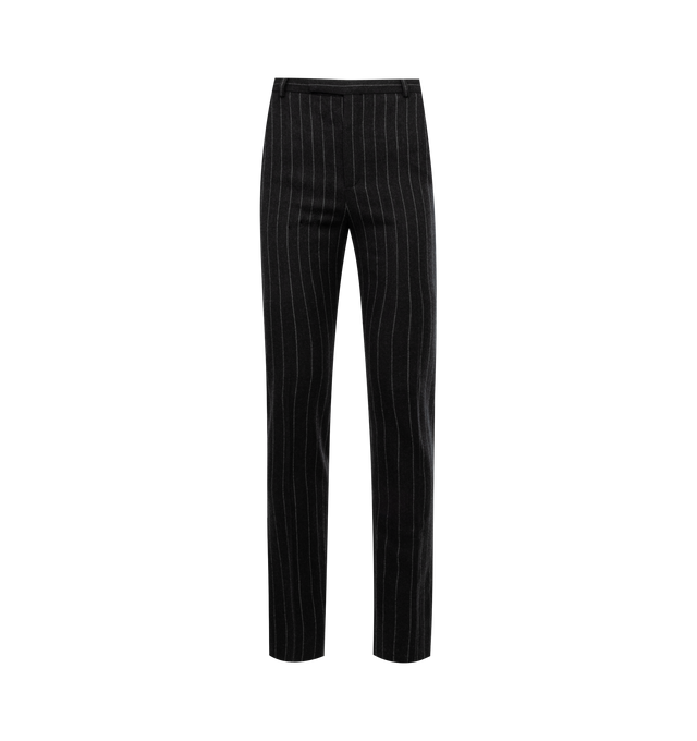 GREY - SAINT LAURENT Pinstripe Pant featuring straight leg, side slash pockets, welt back pockets, belt loops and hook and zip closure. 100% wool.