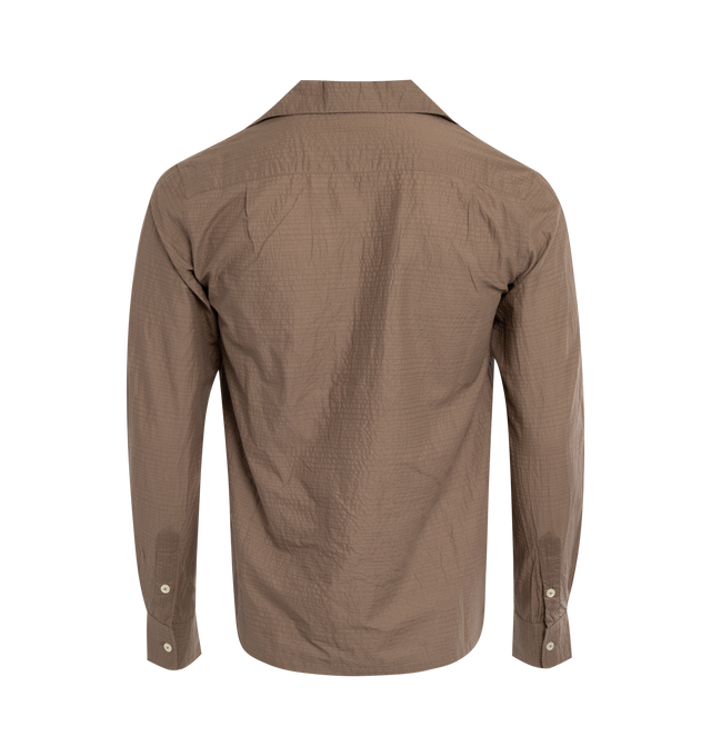 Image 2 of 2 - BROWN - LITE YEAR Camp Collar Shirt featuring button up closure, button cuffs and Japanese Miracle Wave fabric, soft and durable. 100% cotton. 