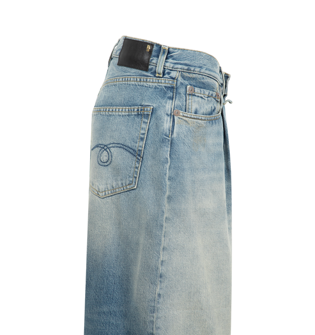 Image 3 of 3 - BLUE - R13 Crop Wide Leg Jean featuring pleated waist, knee darts and tapering for a fuller silhouette, mid weight italian denim and soft vintage wash. 100% cotton. Made in Italy.  