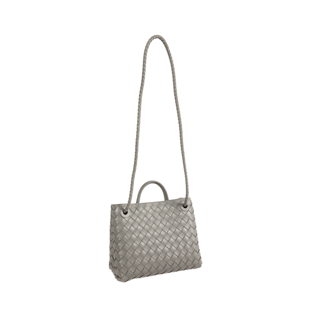 Image 3 of 4 - GREY - Bottega Veneta small Andiamo handbag featuring intrecciato leather with leather top handle, sliding cross-body strap, compartmented interior with one zippered pocket, two open pockets and magnetic closure. 7.9" x 9.8" x 3.9". 100% lambskin. Made in Italy. 