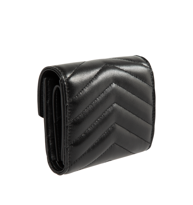 Image 2 of 3 - BLACK - SAINT LAURENT Multi Fold Wallet featuring chevron quilted overstitching, cassandre logo, leather lining, gold-toned hardware, snap-button closure, five card slots, one coin pocket, one bill compartment and one receipt compartment. 4.1 x 3.5 x 1.2 inches. Lambskin. Made in Italy.  