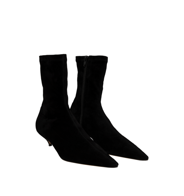 Image 2 of 4 - BLACK - The Row Women's Liisa Kitten Booties are crafted from soft lambskin suede and feature a pointed toe, side zip closure, and a refined kitten heel for an elegant, minimalist silhouette. These designer suede ankle boots combine exceptional Italian craftsmanship with timeless sophistication, making them a versatile choice for effortless day-to-evening styling. Main Material: 100% Lambskin Suede. Sole: Leather. Heel Height: 1.38 in. Made in Italy. 