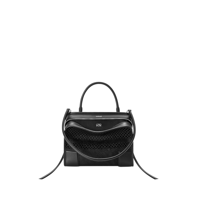 Image 2 of 14 - BLACK - Loewe Women's Medium Amazona 180 Bag is crafted from woven nappa calfskin and features a relaxed silhouette inspired by one of the house's iconic designs. Designed with a single Toron top handle and removable shoulder strap, it can be carried by hand, over the shoulder, or crossbody. A concealed magnetic closure, zip fastening with dual leather pullers, two compartments, an internal flat pocket, and a side D-ring provide functional organization. Finished with palladium-tone hardware, 