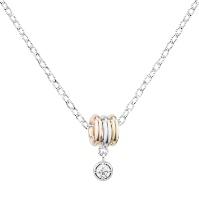 Image 1 of 2 - GOLD - Spinelli Kilcollin Vesta Round MX WD Necklace features a trio of full-round annulets crafted from .925 sterling silver, 18k rose gold, and 18k yellow gold, suspending a bezel-set round white diamond drop charm. Designed with freely moving mixed-metal annulets that glide along the chain, this signature necklace balances sculptural form with everyday elegance. Main Material: .925 Sterling Silver, 18k Rose Gold, 18k Yellow Gold. Stone: Round White Diamond, Approx. 0.09 cttw. Details: Thre 