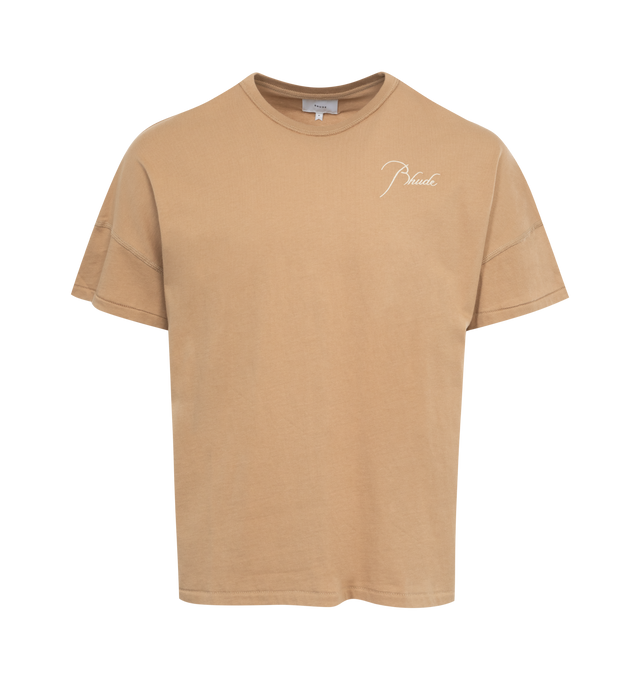 BROWN - RHUDE Reverse T-Shirt featuring exposed seams throughout, rib knit crewneck, logo embroidered at chest and dropped shoulders. 100% cotton. Made in USA.