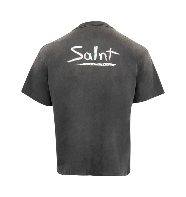 Image 2 of 2 - BLACK - SAINT MICHAEL Mighty Saint T-shirt featuring a worn-in and distressed design, ribbed crewneck, short sleeves and front graphic print. 100% cotton. Made in Japan. 