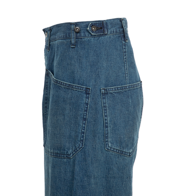 Image 3 of 3 - BLUE - CHIMALA Denim Deck Trouser featuring worn in vintage finish and hand distressing throughout, wide leg relaxed through thigh with distinctive low slung pockets, high rise with adjustable tab and button detailing at waist for versatile fit. 100% cotton. 