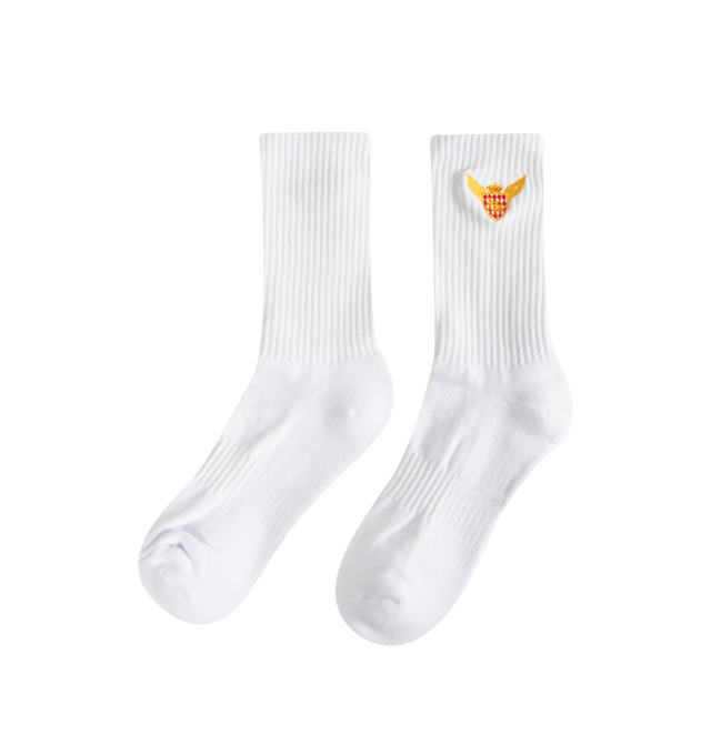 Image 2 of 2 - WHITE - Rhude Mens Sport Socks are crafted from a cotton, polyester, and spandex blend. Feature a ribbed jersey construction and signature vertical Rhude logo. Main Material: 80% Cotton, 12% Polyester, 8% Spandex. Made in China. 