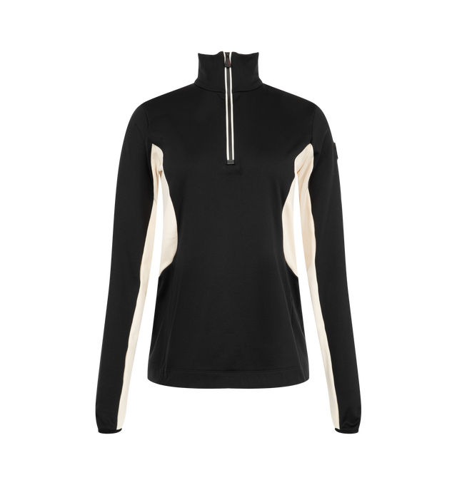 Image 1 of 1 - BLACK - Moncler Grenoble Women's Polartec Power Grid Turtleneck is crafted from Polartec Power Grid Base Layer fabric and features a lightweight performance knit construction, a turtleneck, and a front zip closure. Designed for skiing, snowboarding, hiking, and trekking, this technical layer provides warmth and moisture-wicking comfort while remaining lightweight and breathable. Finished with wrist gaiters, signature tricolor detailing, and a logo patch. Main Material: 88% Polyester, 12% Elas 