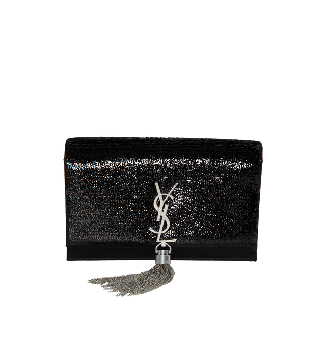 BLACK - SAINT LAURENT Kate Chain Wallet in Satin featuring chain strap, tassel, magnetic snap closure, six card slots, bill front, central compartment and interior zipped pocket. 7.5 X 5 X 1.6 inches. 58 % viscose, 22% silk, 20% metal. 