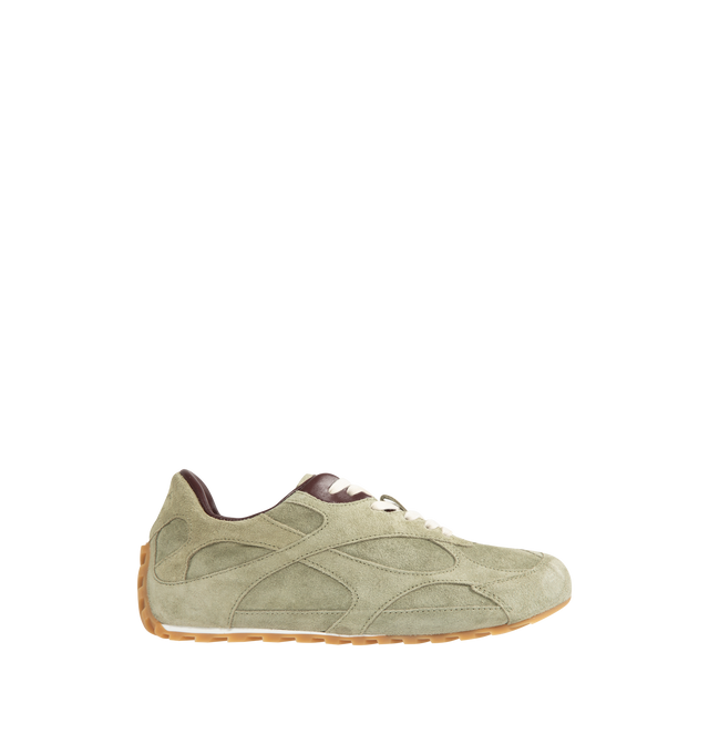 Image 1 of 5 - GREEN - BOTTEGA VENETA Orbit Flash Sneaker featuring low-top lace-up sneaker in soft suede and rubber outsole. Calfskin. Made in Italy. 