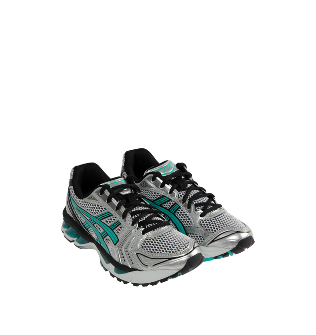 Image 2 of 5 - SILVER - ASICS GEL-Kayano 14 Sneaker featuring synthetic leather and mesh construction, textile upper, EVA sole, GEL technology cushioning provides excellent shock absorption, solution dye sockliner and Trusstic support system. Unisex style in men's sizing. 