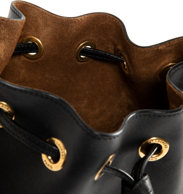 Image 3 of 3 - BLACK - SAINT LAURENT Bucket Bag featuring soft and ruched bucket bag in calfskin leather, signature YSL logo lettering, chain and leather shoulder strap and drawstring closure. 7.1"H x 6.3"W x 3.9"D. Made in Italy. 