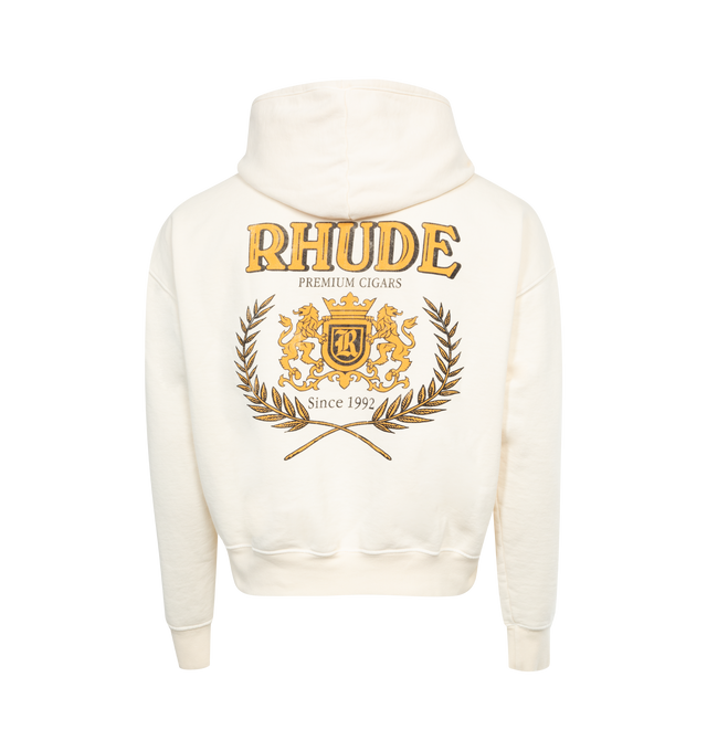 Image 2 of 2 - WHITE - RHUDE Cresta Cigar Hoodie featuring ribbed cuffs and hem, printed logo on chest and back and kangaroo pocket. 100% cotton. Made in USA. 