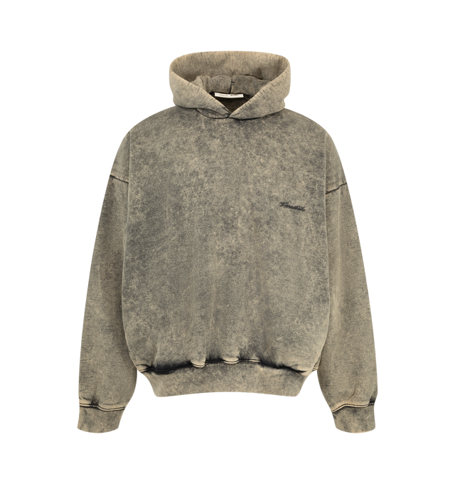 Image 1 of 2 - GREY - Fear of God ESSENTIALS Men's Classic Raglan Hoodie is crafted from acid-washed heavyweight cotton fleece and features a classic relaxed-fit silhouette with half raglan sleeves inspired by vintage athletic styles. Designed with a racing-inspired Essentials puff-print logo at the front, this elevated hoodie is finished with a double-layer hood, side pockets, rib-knit cuffs and hem, and a signature Essentials label at the hood. Main Material: 100% Cotton Acid-Washed Fleece.  