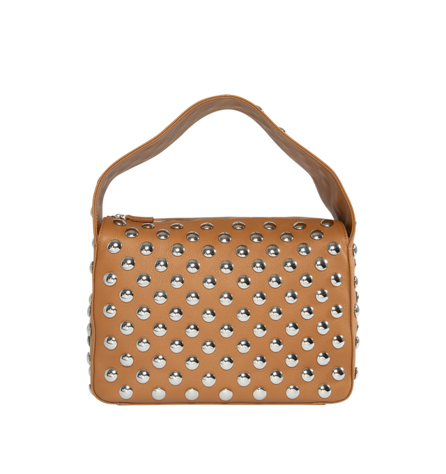 Image 1 of 3 - BROWN - KHAITE Elena Bag with Studs featuring classic box shape, zip-top silhouette, studded in silver discs and lined in nappa leather, with slip pocket. 11 x 3.5 x 7.5 in. Handle drop: 6.5 in. 100% calfskin, brass. 