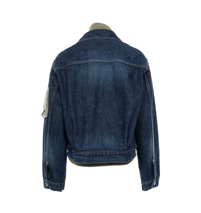 Image 2 of 3 - BLUE - SACAI Denim Blouson Jacket featuring silver-tone hardware, layered effect, patchwork detailing, classic collar, front button fastening and two front flap pockets. Outer: 100% cotton. Lining: 100% polyester. 