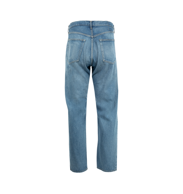 Image 2 of 3 - BLUE - Kaptain Sunshine Zipper Closure Jeans are a 5-pocket style with a worn finish and tapered legs. Made in Japan.  